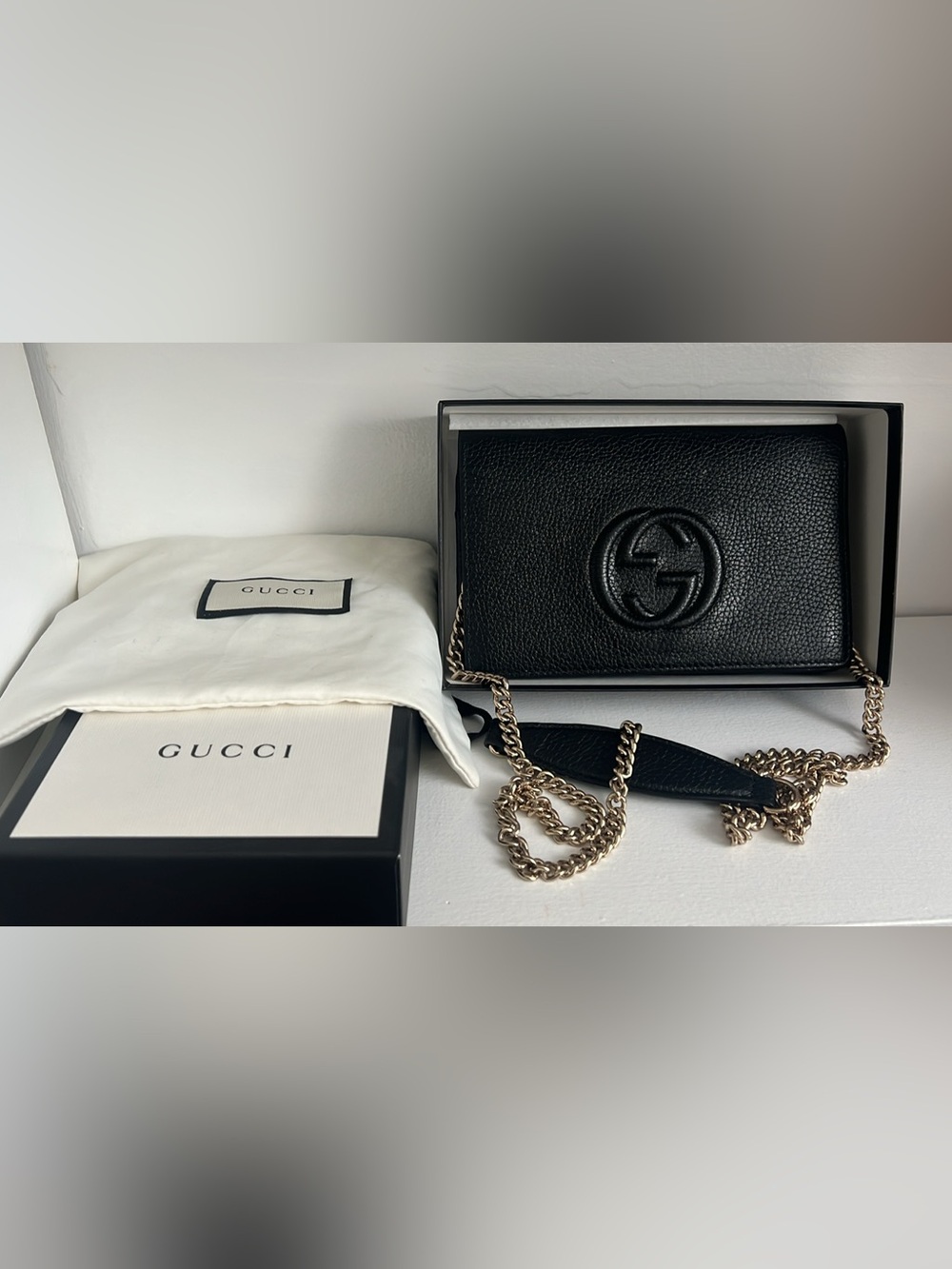 Gucci Black Leather Crossbody with Gold Chain Strap